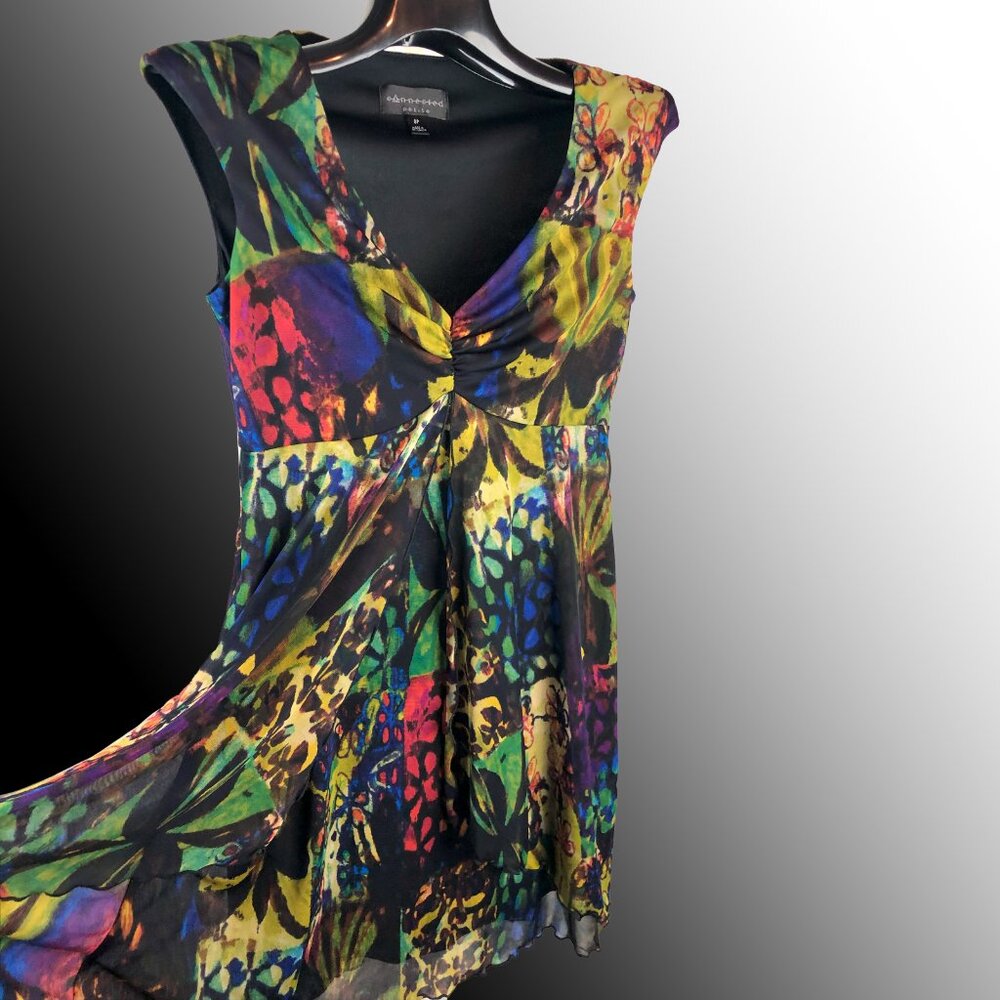 V neck cap sleeve cinch empire bust drop pleats semi sheer layered petite dress - Picture 4 of 8